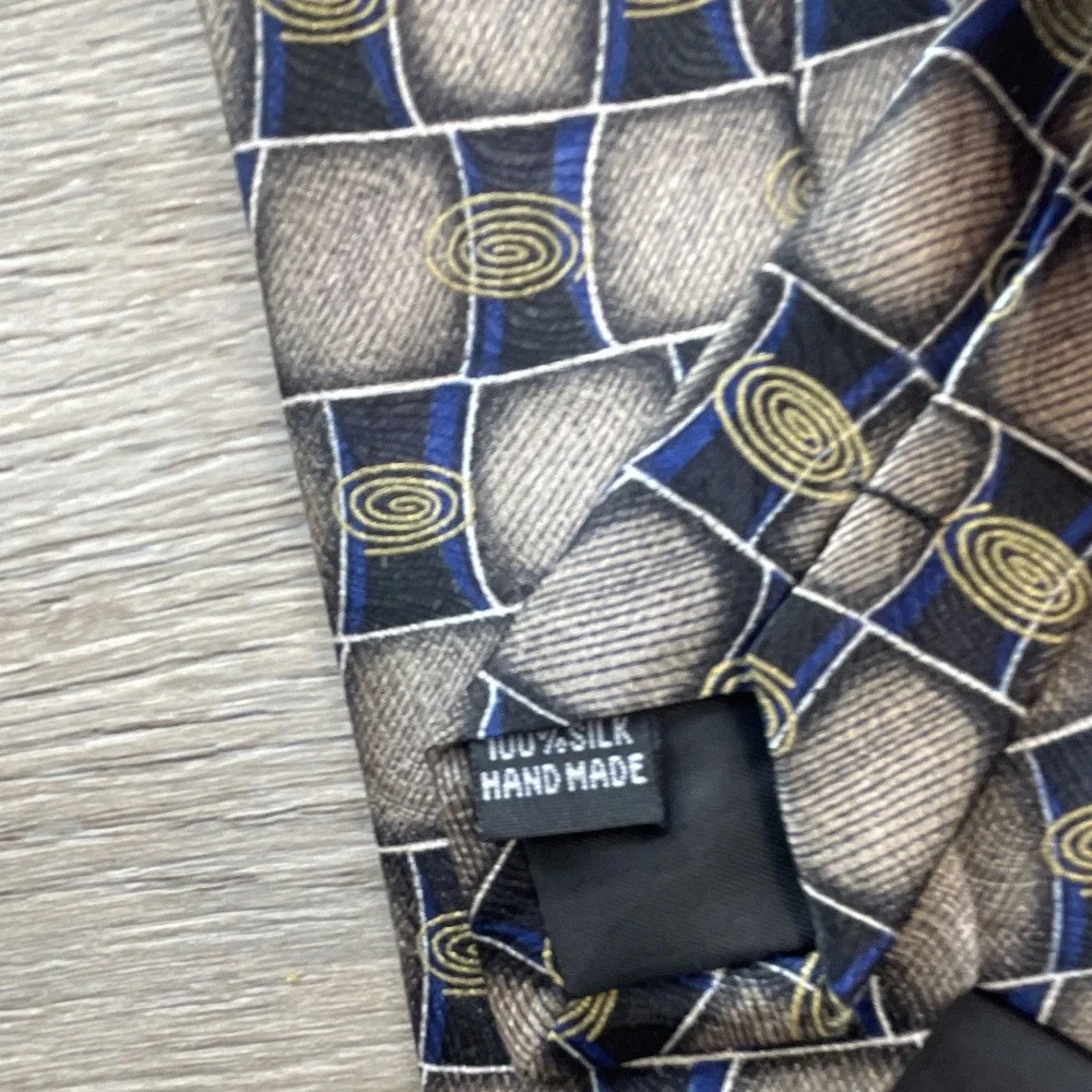 Siena Collezione Men's silk handmade tie, blue gray gold geometric,  52 inch
